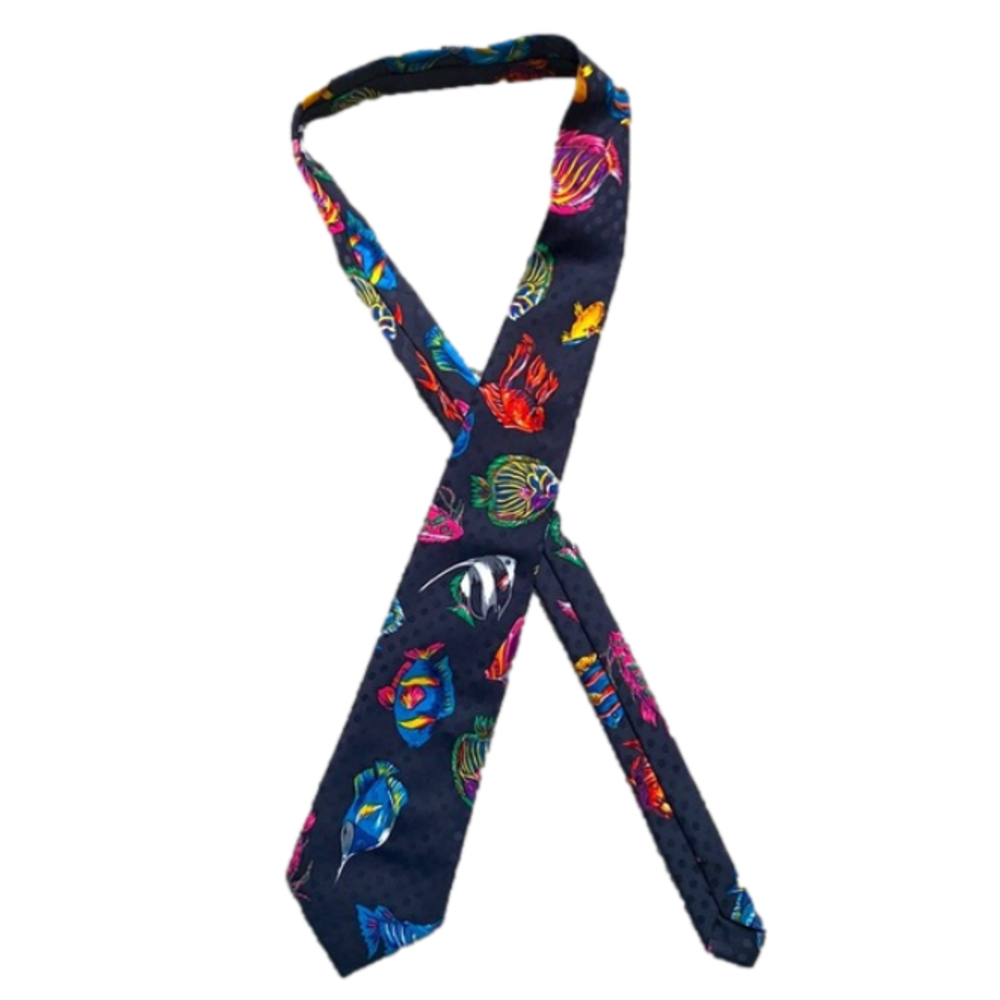 Vintage Neon Tropical Fish Polka Dot Artsy Funky Tie 90s Made in Korea